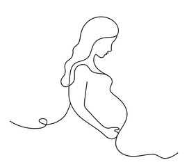 Silhouette of a pregnant woman. Line art style. Future mom hugging belly with arm. Concept of pregnancy, family, motherhood. Vector illustration.