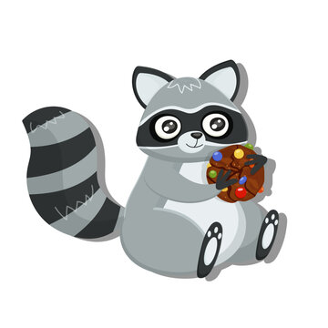 Woodland sweet raccoon. Cute forest wildlife raccoon with chocolate cookies. Perfect for scrapbooking, card, poster, sticker kit. Children educational banner. Fauna image for kid. Vector illustration