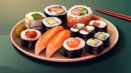 Sushi, rolls, maki traditional Japanese plate. Generative AI