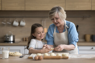 Loving attractive mature grandmother teach her cute little granddaughter to cook, teach preschooler girl preparing homemade buns, cooking together pastry on weekend at home. Share experience, cookery