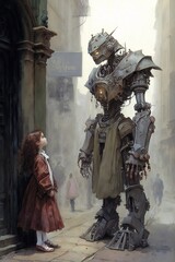 Victorian fantasy, an orphan girl on the street staring at a nano mecha, Generative AI
