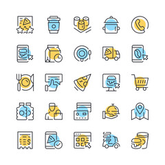 Fast food delivery line icons. Set of fast food delivery icons. Black, blue and yellow colors. Modern outline graphic design. Vector line icons set