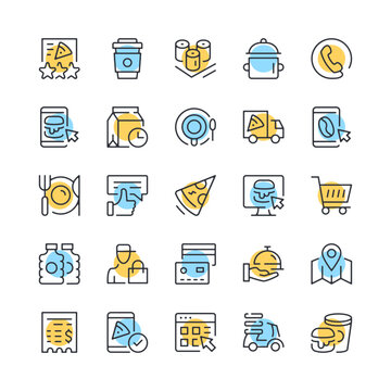 Fast food delivery line icons. Set of fast food delivery icons. Black, blue and yellow colors. Modern outline graphic design. Vector line icons set