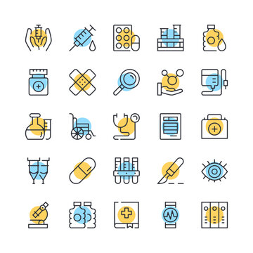 Medical tools line icons. Set of healthcare equipment icons. Black, blue and yellow colors. Modern outline graphic design. Vector line icons set