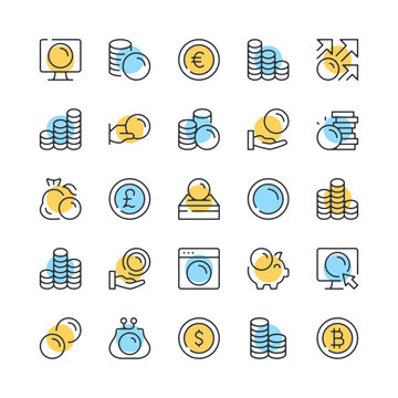 Coins line icons. Set of coin icons. Black, blue and yellow colors. Modern outline graphic design. Vector line icons set