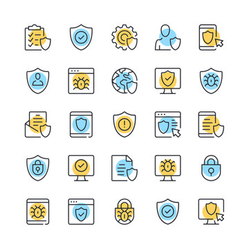 Antivirus line icons. Set of internet security icons. Black, blue and yellow colors. Modern outline graphic design. Vector line icons set