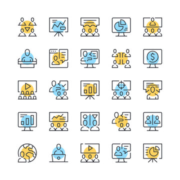 Presentation line icons. Set of training icons. Black, blue and yellow colors. Modern outline graphic design. Vector line icons set