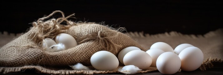 chicken eggs collected in a chicken coop on a farm lie in a burlap bag. Generative AI