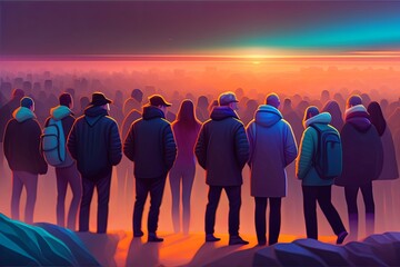 Neon Chaos: A Cyberpunk Crowd During the Golden Hour Generative AI