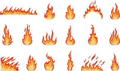 Flat red flames isolated. Heat fire sign, fires devil symbols. Hot campfire, abstract heat and fever graphic pictogram, decent vector collection © MicroOne