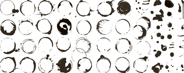 Black coffee rings, grunge circle frames or stamp graphic elements. Stains and drops, isolated decorative design. Neoteric decor vector clipart