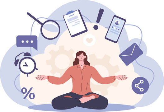 Multitask woman meditating, hardworking manager keep calm and balance. Professional work, yoga for balancing life, kicky vector cartoon character