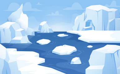 Cartoon arctic background, floating icebergs antarctica landscape. Beautiful sea or ocean, glaciers and ice mountains. North snugly vector scene © MicroOne
