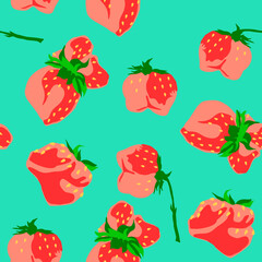 Textile pattern from strawberries on a blue background. Summer motives