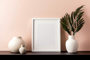 Blank wooden vertical picture frame mockup on a pastel colored wall with vase, light some plants and interior, ai-generatet.