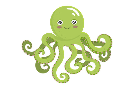 Ocean green octopus. Aquatic creature icon isolated on white background. Sea animal in cartoon style. Funny tropic underwater wild life, colorful exotic aquarium fish collection. Vector illustration