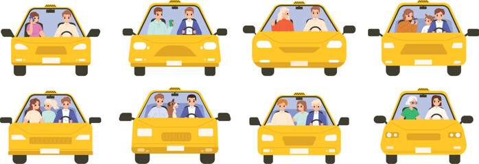 People in taxi and cabs. Isolated driver riding on road. Drivers and passengers, families and travellers. Car rent, transportation service snugly vector set © MicroOne