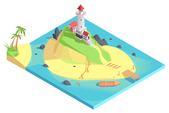 Lighthouse at coast of island with rock and sandy beach in 3d isometric. Sea or ocean wooden boat at small island wharf. Navigation lighthouse. Beacon tower for marine navigation. Vector illustration