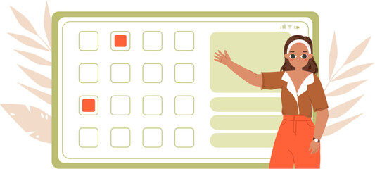 Mobile app for planning, time management or daily schedule concept. Cute teenager, student pointed on smartphone screen, vector business scene