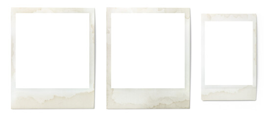Fototapeta set of three grungy vintage instant photo frames isolated over a transparent background, cut-out and ready for your image, stained retro gallery, memory, album or vacation design elements, PNG obraz