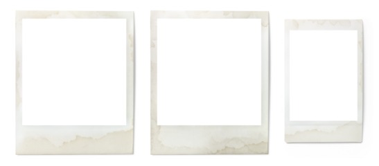 set of three grungy vintage instant photo frames isolated over a transparent background, cut-out and ready for your image, stained retro gallery, memory, album or vacation design elements, PNG