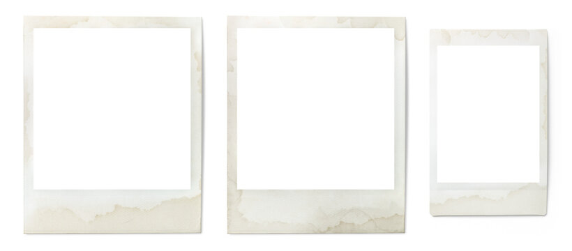 set of three grungy vintage instant photo frames isolated over a transparent background, cut-out and ready for your image, stained retro gallery, memory, album or vacation design elements, PNG