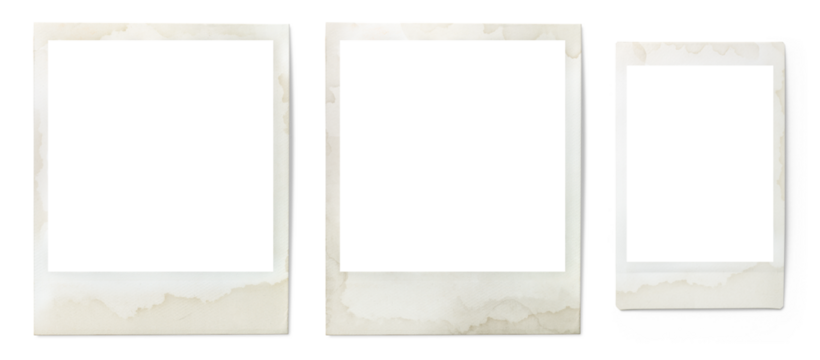 set of three grungy vintage instant photo frames isolated over a transparent background, cut-out and ready for your image, stained retro gallery, memory, album or vacation design elements, PNG