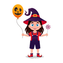 Cute witch with balloon and lollipop
