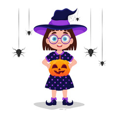 Cute girl with a pumpkin in her hands, halloween holiday