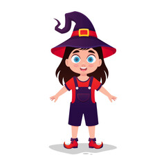 Happy cute little kid holiday halloween dressed as witch