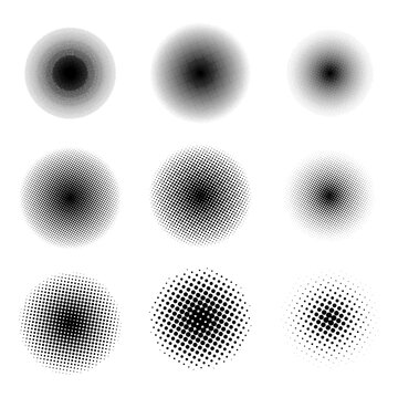 Collection of circle halftones isolated on the white background.