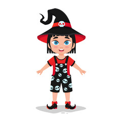 Cute little girl in a witch costume, vector illustration