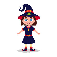 Cute little girl in a witch costume with a frog, halloween holiday