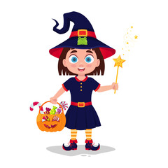 Happy cute little kid in witch costume celebrating halloween