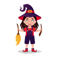 Cute little girl in a witch costume, crying with a broken broom