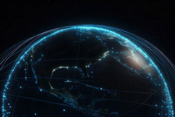 Earth. 5G, wireless internet wifi connection. high speed internet broadband network. neon glow of the city.AI generative