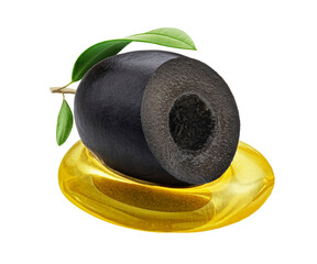 One black sliced olive with virgin oil isolated on white background