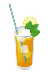Cocktail in a glass with a straw. Ice tea with ice cubes, lemon, mint leaves. Fruit smoothie, ice tea, lemonade, alcohol drinks.