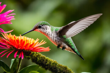 Fototapeta premium Digital wildlife photo of a Hummingbird flying and aiming on a flower nectar in a tropical rainforest. Wildlife concept of ecological environment. Generative AI