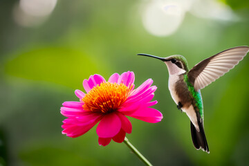Fototapeta na wymiar Digital wildlife photo of a Hummingbird flying and aiming on a flower nectar in a tropical rainforest. Wildlife concept of ecological environment. Generative AI