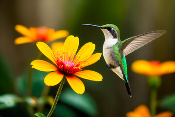 Digital wildlife photo of a Hummingbird flying and aiming on a flower nectar in a tropical rainforest. Wildlife concept of ecological environment. Generative AI