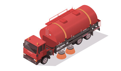 Red sweeper truck. waste recycling and utilization container vehicle. City road cleaning concept with utility truck. Urban transport. Municipal cleaning service. Vector illustration
