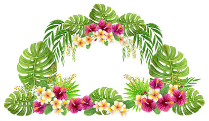 Tropical floral frame. Watercolor painting with pink Chinese Hibiscus rose flowers and palm leave. Floral summer arch border.