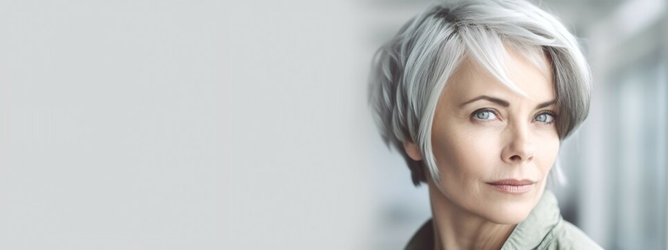 Beautiful gray-haired worman portrait on a light gray background banner with space for text, ai generated