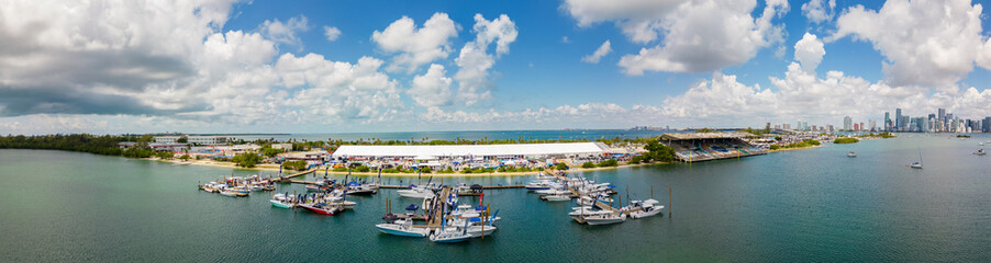 Aerial panorama photo of the SoFlo Boat Show South Florida at Key Biscayne Marine Stadium