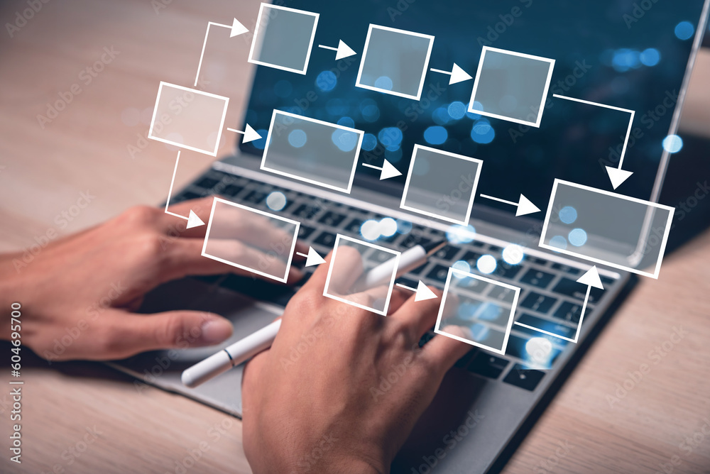 Fototapete Businessman using a computer. Analysis automation with flowchart on virtual screen. Scheme of hierarchy management of corporate and processing management