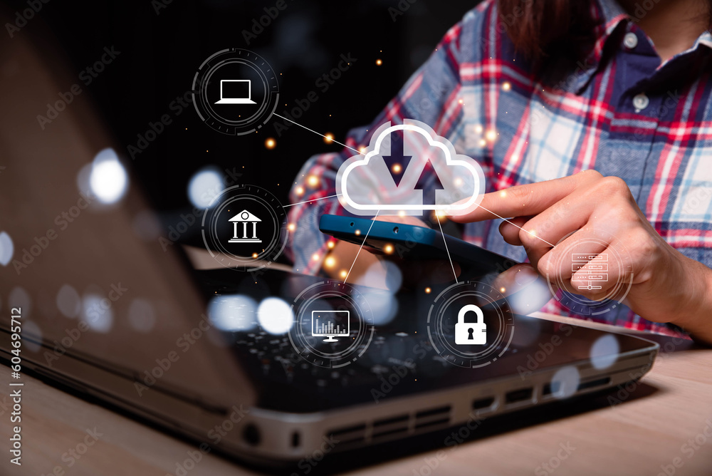 Aufkleber woman use Laptop with cloud computing diagram show on hand. Cloud technology. Data storage. Networking and internet service concept