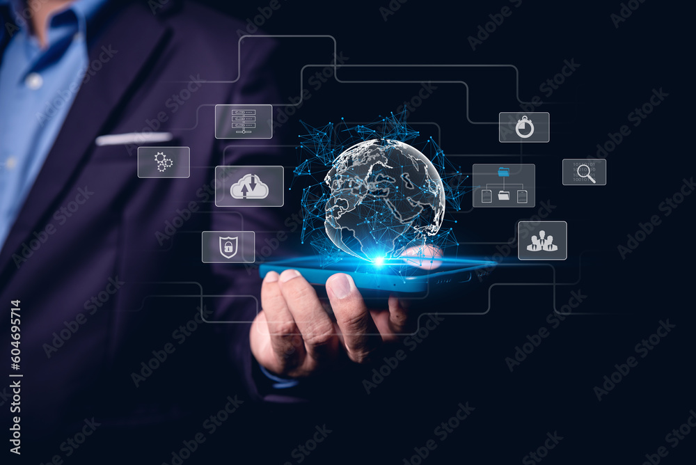 Aufkleber businessman hand holding virtual global internet connection metaverse. business global connection ap