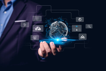 businessman Hand holding virtual Global Internet connection metaverse. Business global connection application technology and digital marketing, Financial and banking, Digital link tech, big data