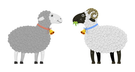 Sheep with curly wool, lush coat farm animals. Collection funny animals. Cute domestic kind animals in cartoon style. sheep and lamb. Pair of sheep with bells on neck in love. Flat Vector illustration